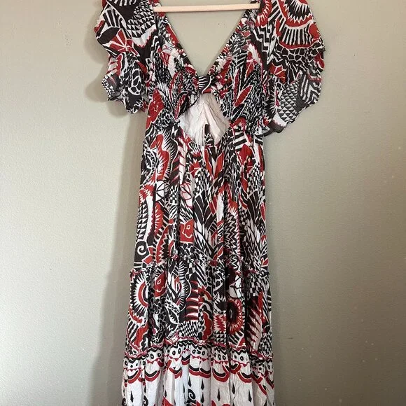 Anthropologie Tiered Maxi Dress V Neck Flutter Sleeve Southwestern Size M - Picture 7 of 11
